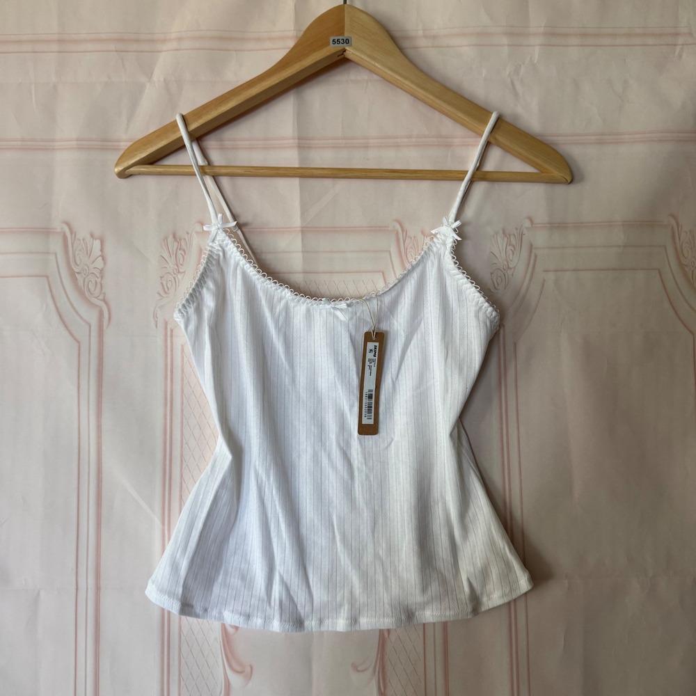 SKIMS Pointelle Cami Snow White Cotton Rib Lace Trim Bow Tank Top Sz M NWT